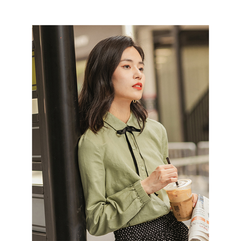 茵曼衬衣2019秋装新款翻领蝴蝶结系带棉麻衬衫女小清新上衣文艺范