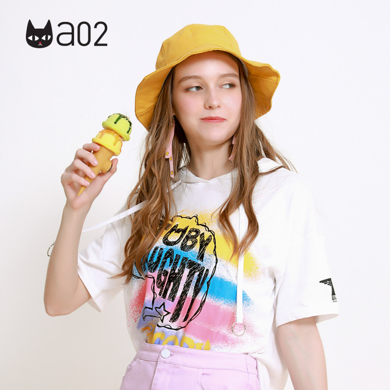 a02商场同款甜美少女连帽抽绳印花短袖T恤女D1U0C0031KT