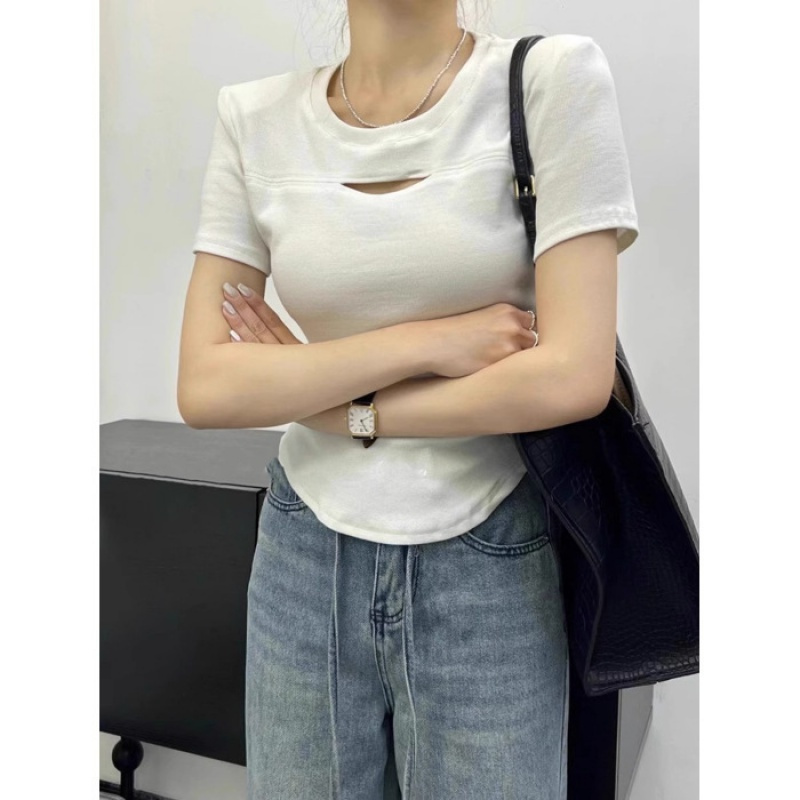 黑色镂空正肩短袖T恤女夏季新款不规则设计感小众短款学生上