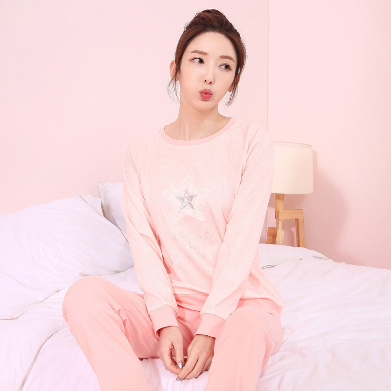 都市丽人时尚休闲宽松薄款圆领长袖套头秋冬家居服套装女士睡衣1h9224