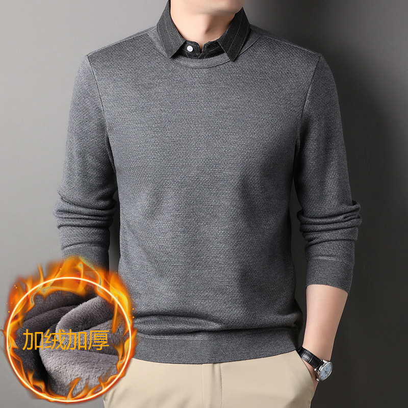 冬季新款加绒假两件毛衣男装中青年男士衬衫领纯色针织打底衫