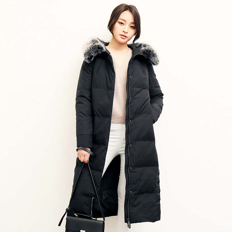 yaloo/雅鹿2018新款简约时尚大码大毛领鸭绒外套女中长款羽绒服