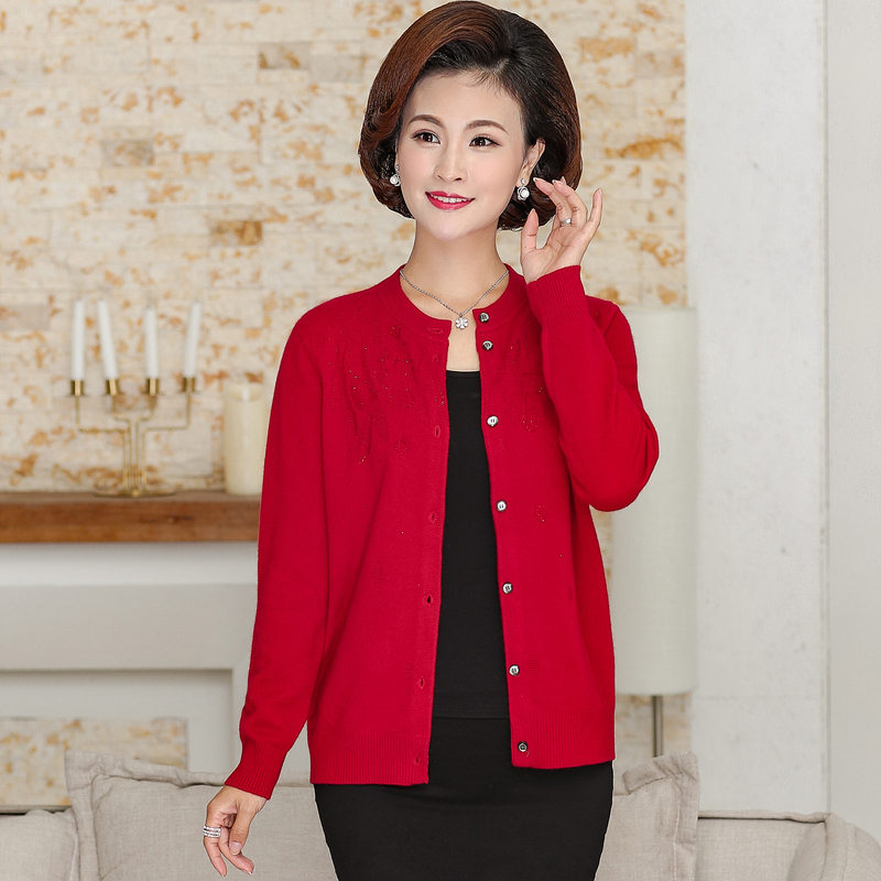 恒源祥羊绒衫女开衫圆领中老年冬季上衣镶钻厚款60岁妈妈装毛衣