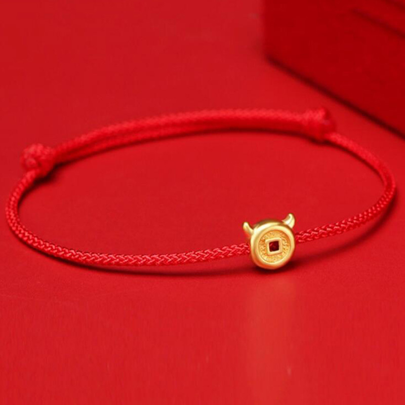 帛兰梓韵黄金手链向钱犇红绳手链足金牛硬金扭转乾坤铜钱手饰生肖情侣