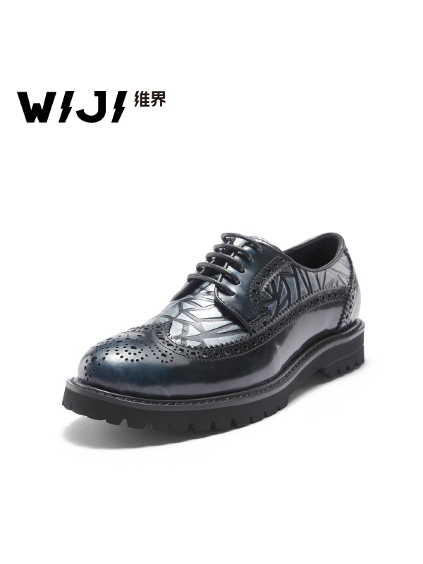 WIJI2018新款欧美英伦风真皮进口透气时尚牛皮布洛克尖头系带女鞋