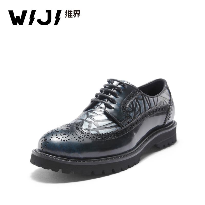 WIJI2018新款欧美英伦风真皮进口透气时尚牛皮布洛克尖头系带女鞋图片