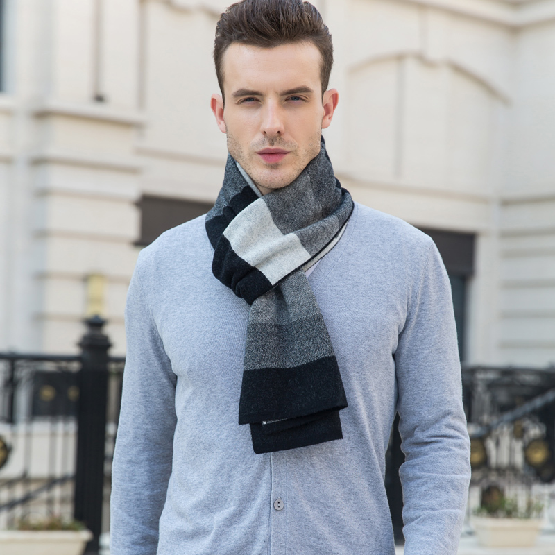 高档条纹100羊毛男士围巾冬季保暖韩版商务长款围脖潮礼盒装