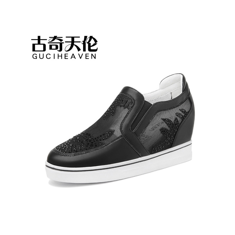圆头网纱水钻内增高平底休闲小白鞋