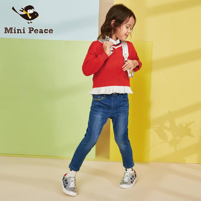 minipeace太平鸟童装女童针织衫百褶下摆时尚v领毛衣春装新款