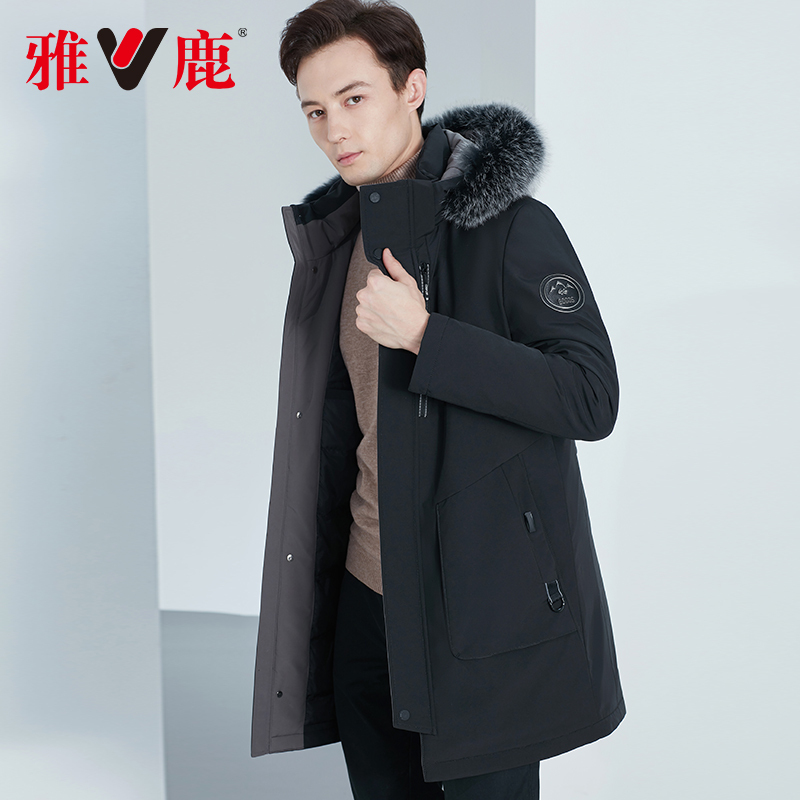 雅鹿羽绒服男中长款2019反季新款狐狸毛领连帽加厚商务外套清仓D