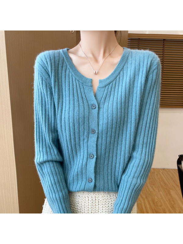 针织衫V领秋冬新款纯色短款毛衣竖条开衫内搭大码针织衫针织打底