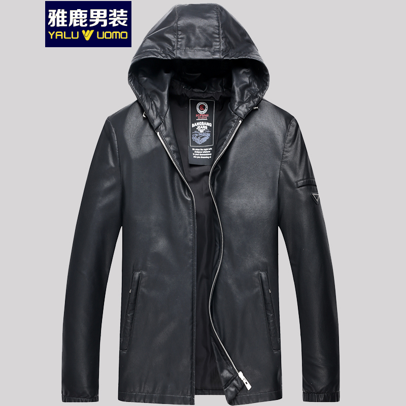 雅鹿男装皮衣男中青年修身短款连帽皮衣秋季新款时尚休闲皮夹克外套S45EDPA88025
