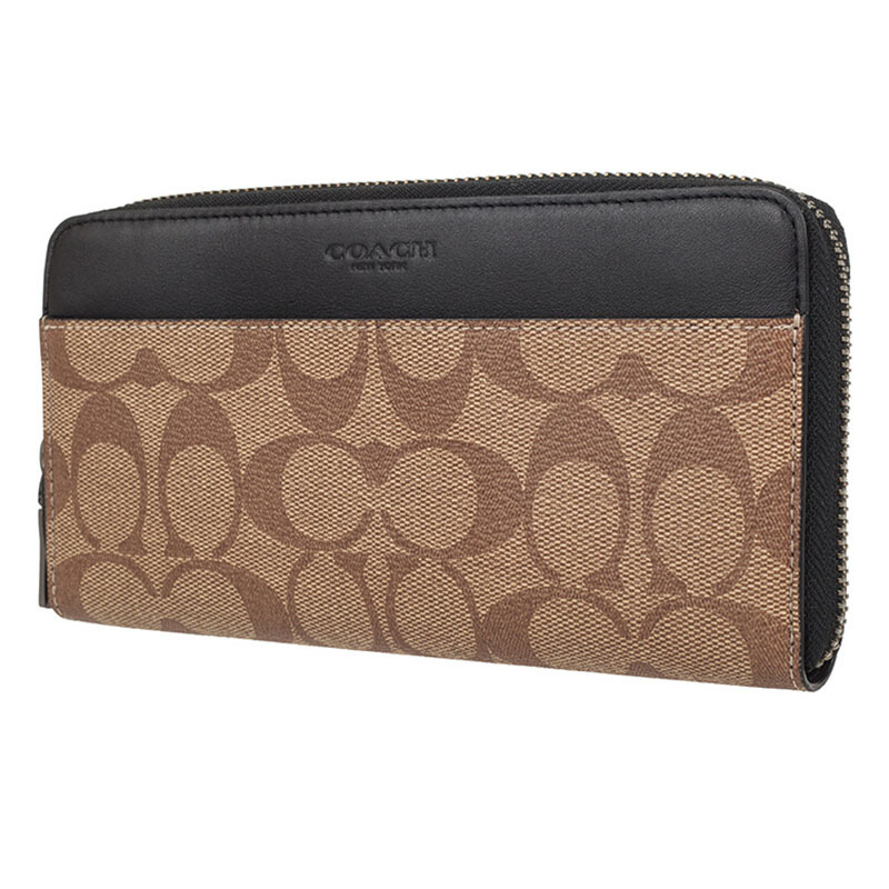 coach蔻驰奢侈品男生男士卡其色人造革长款钱包钱夹