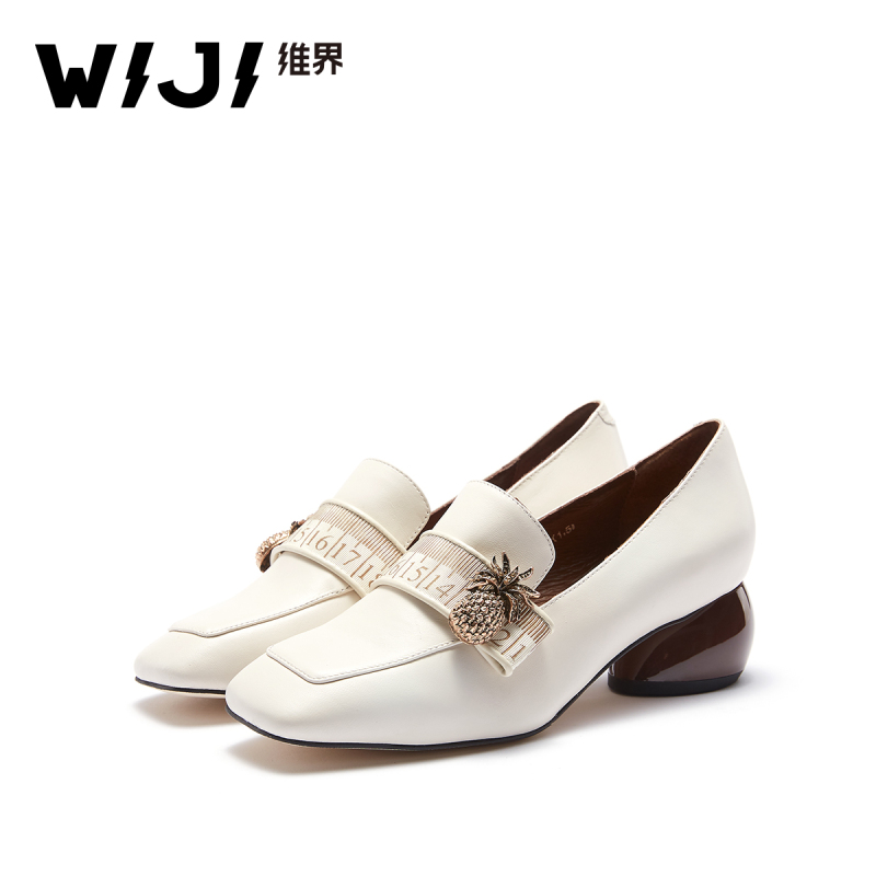 WIJI维界2018春夏新款纯色粗跟羊皮方头乐福单鞋简约通勤职业女鞋