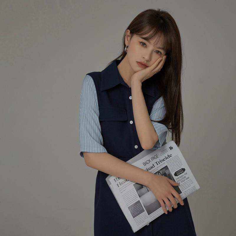 OtherMix气质衬衫裙2021年夏季新款韩版显瘦拼接短袖连衣裙子女潮