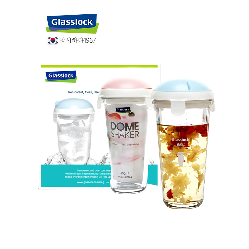 Glasslock韩国进口玻璃水杯情侣对杯450ml*2带刻度花茶杯透明玻璃创意果汁杯便携随手杯带盖男女茶水杯