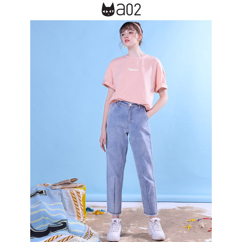 a02新款2020时尚港风撞色条纹宽松短袖T恤女潮DTV2C0231KT