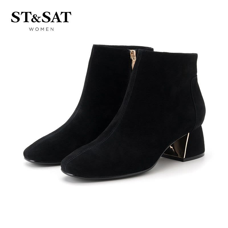 星期六(ST&SAT)18年新品专柜同款羊反绒圆头中跟粗跟时尚短靴女SS84116105图片