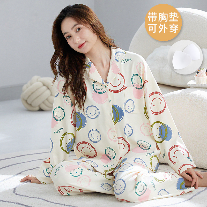 睡衣女棉质带胸垫一体韩版开衫翻领长袖套装可爱卡通可外穿家居服