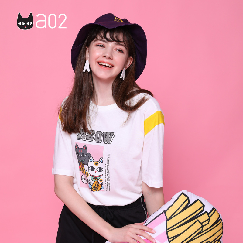 a02新款2020玩趣猫卡通印花撞色拼接短袖圆领T恤女DTV2C0091KT