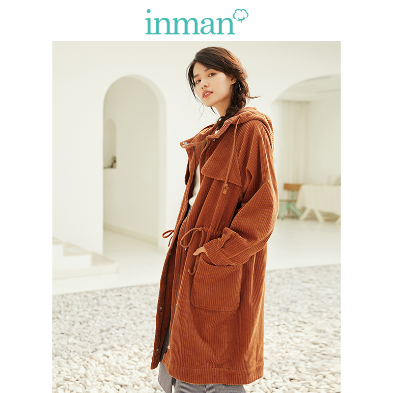 茵曼春秋装新款连帽抽绳宽松灯芯绒外套大衣女