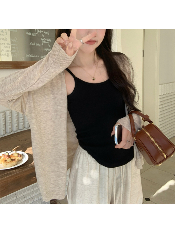 薄款慵懒风长袖针织衫女秋季新款韩版宽松纯色百搭设计感开衫上衣