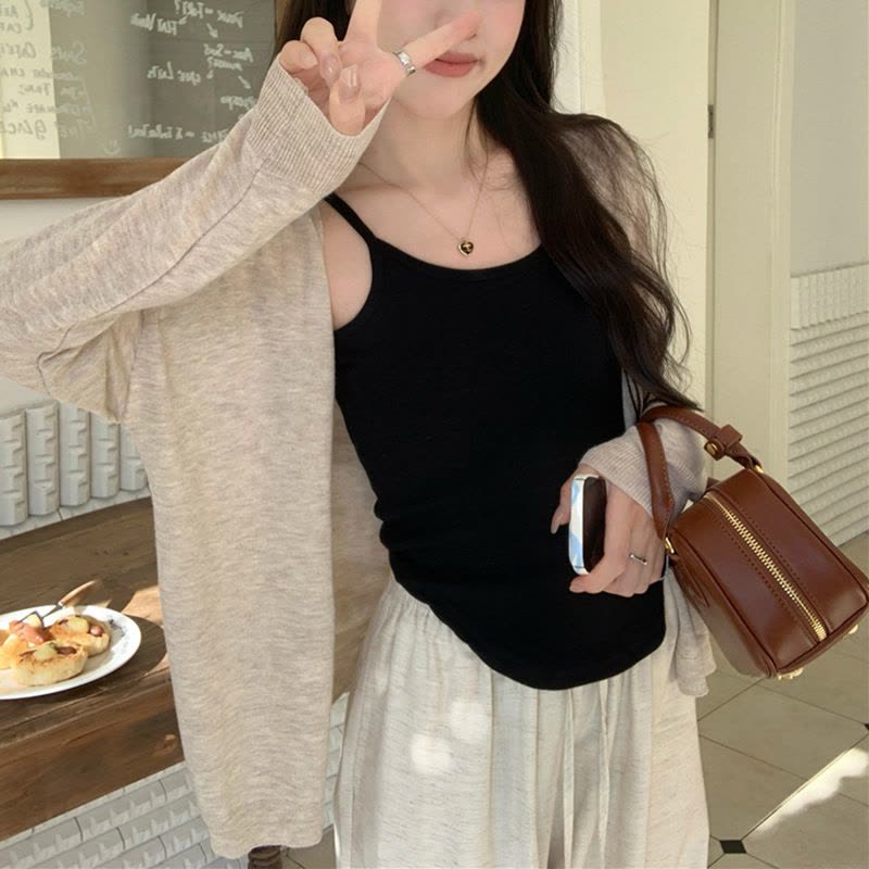 薄款慵懒风长袖针织衫女秋季新款韩版宽松纯色百搭设计感开衫上衣图片