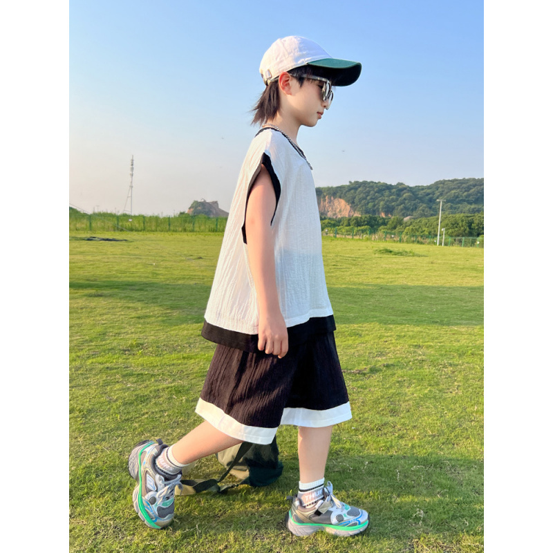 男童夏装套装2025新款男孩儿童背心夏季速干短袖中大童洋气薄款潮
