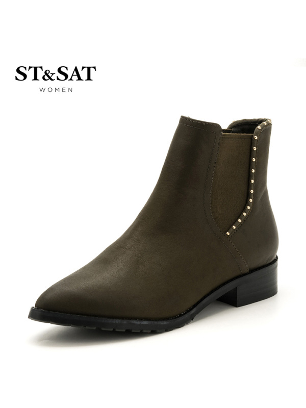 St&Sat/星期六冬新款切尔西短靴女牛皮尖头铆钉女靴子SS64117071
