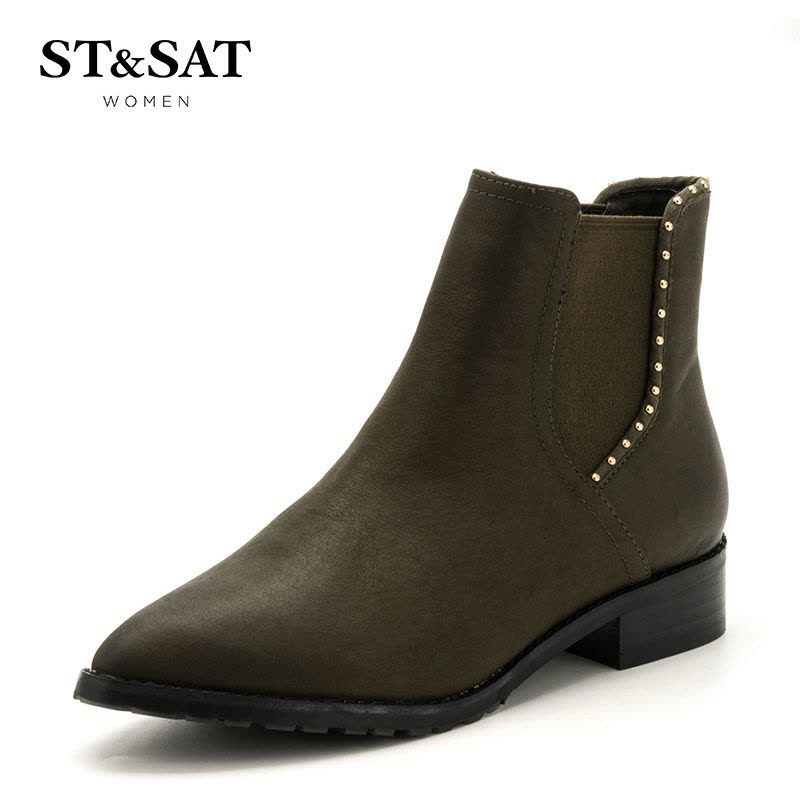 St&Sat/星期六冬新款切尔西短靴女牛皮尖头铆钉女靴子SS64117071图片