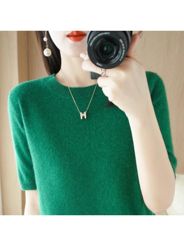 新款针织衫短袖T恤女圆领半袖宽松毛衣外穿内搭修身套头打底上衣