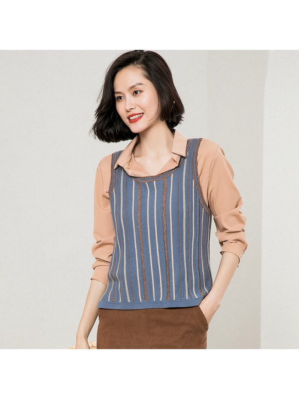 恒源祥纯羊毛针织衫女19春秋新款竖条纹毛衣马甲套头亮丝无袖背心