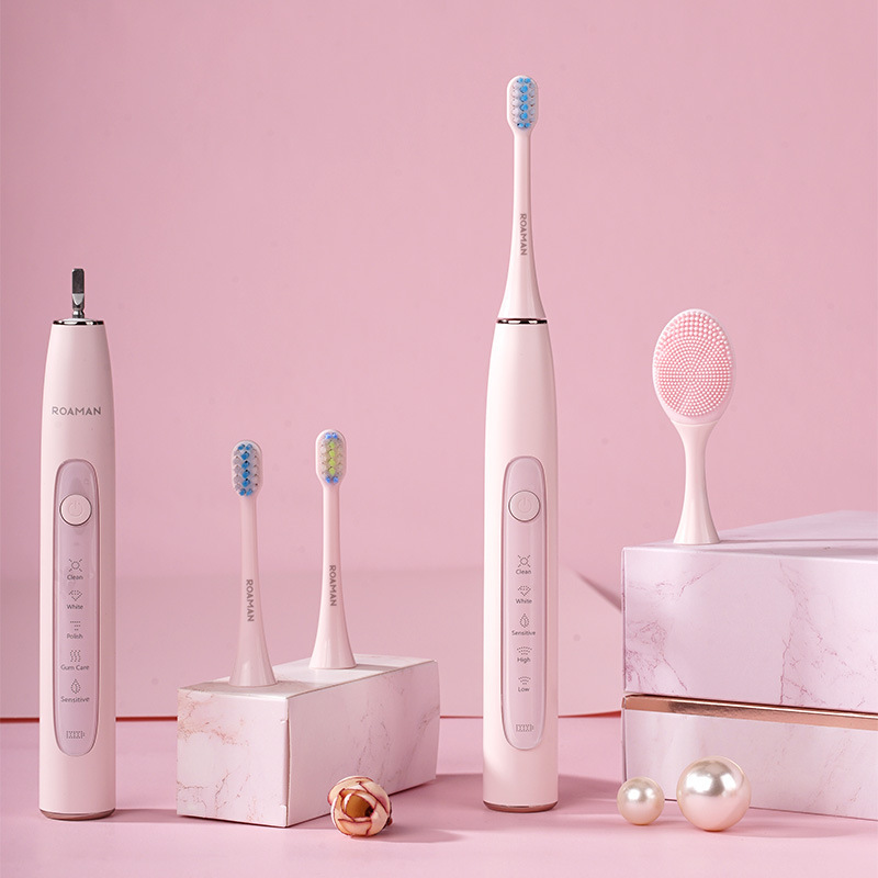 罗曼roaman声波电动牙刷t10成人软毛网红牙刷洁齿洁面仪二合一粉色