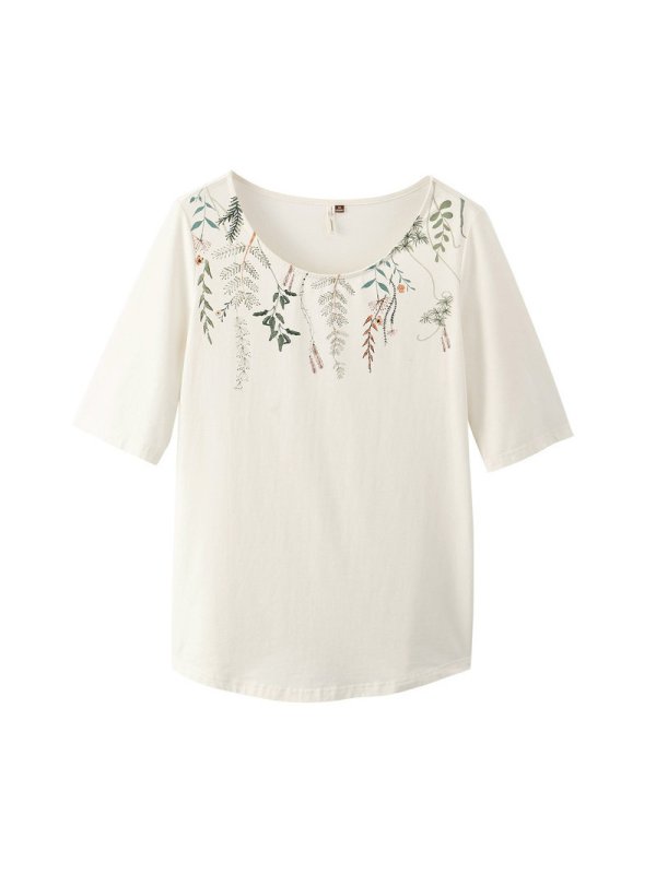 茵曼T恤女清新2019夏装新款圆领文艺印花休闲宽松显瘦中袖上衣