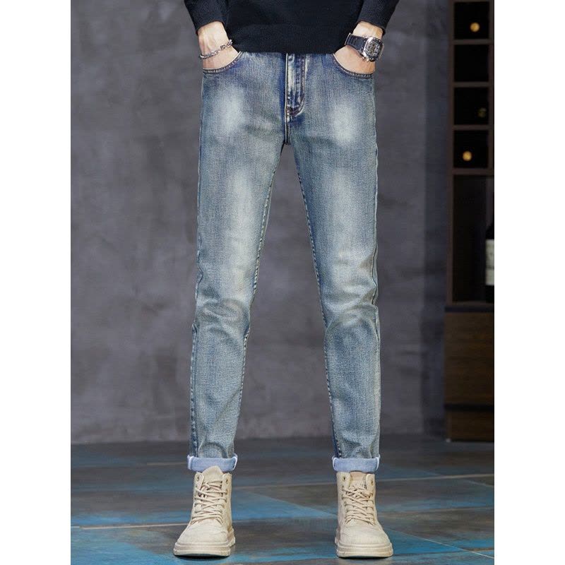 欧货牛仔裤男潮男修身弹力秋冬厚款百搭时尚轻奢休闲小直筒裤男士图片