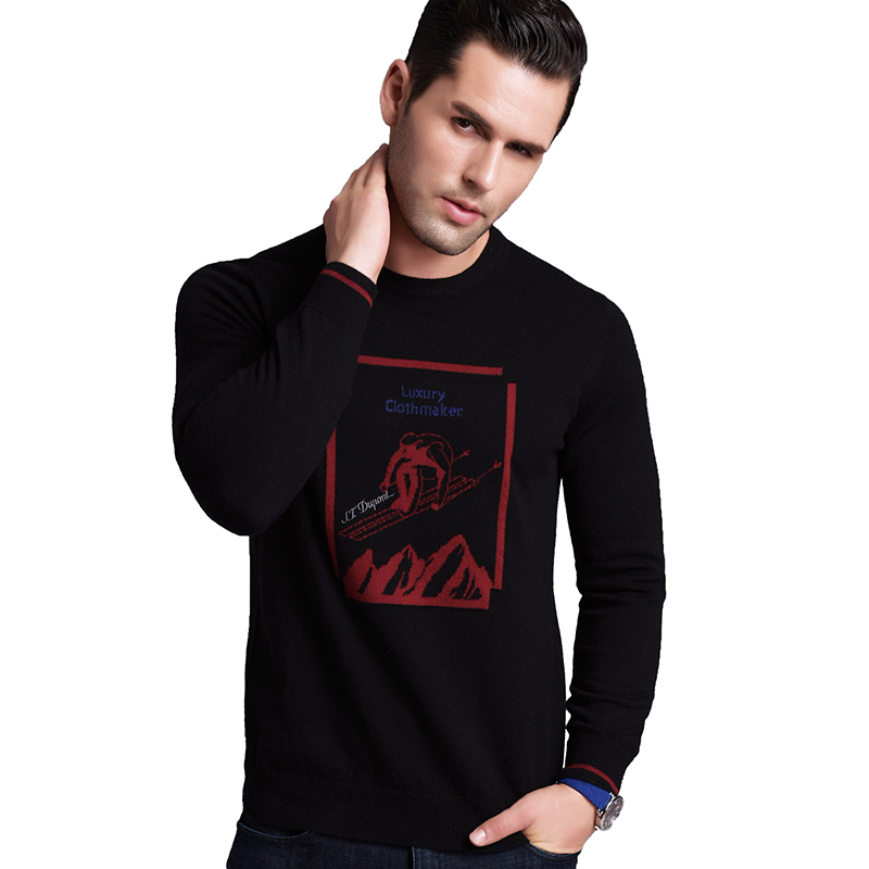 都彭stdupont男装冬季新款时尚印花舒适套头圆领青年潮流纯羊毛衫个性