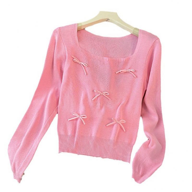 秋季新款设计感打底衫甜辣上衣韩版小香风蝴蝶结长袖针织衫ins潮图片