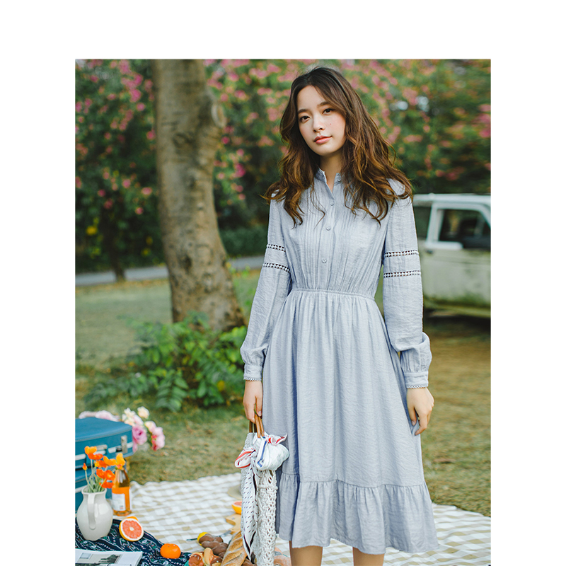 茵曼2019春装新款立领文艺复古收腰显瘦长袖中长款A字连衣裙女