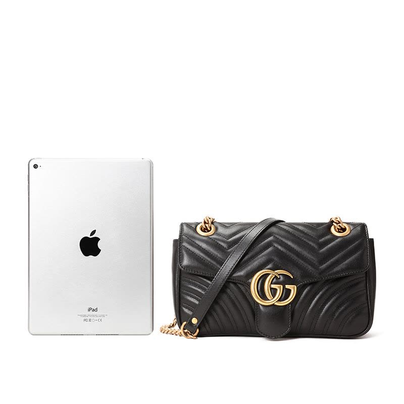 预售GUCCI 古驰 GG Marmont 皮拼链条包 单肩包 斜挎包 小号 双G饰扣绗缝皮图片