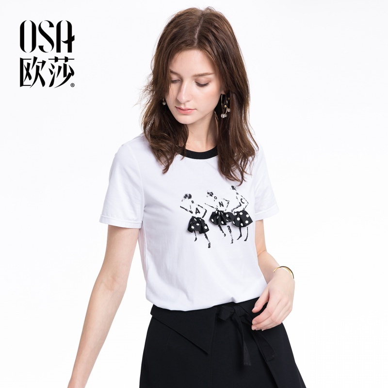 OSA欧莎2018夏装女装白色纯棉短袖T恤女纯色印花上衣韩范体恤