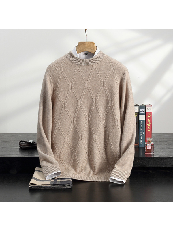 秋冬新款圆领羊绒衫男士保暖七针加厚提花毛衣菱形打底毛衫休闲