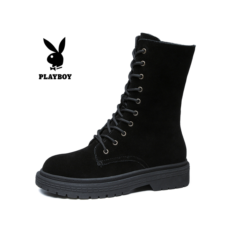 PLAYBOY/花花公子冬季加绒中筒休闲时尚纯色系带圆头短靴沙漠网红短靴女K12299216