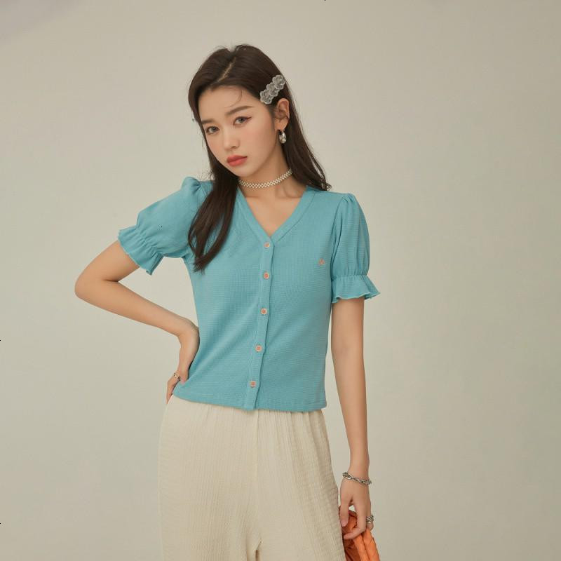 OtherMix针织刺绣开衫T恤2021年夏季新款v领修身泡泡袖短款女上衣