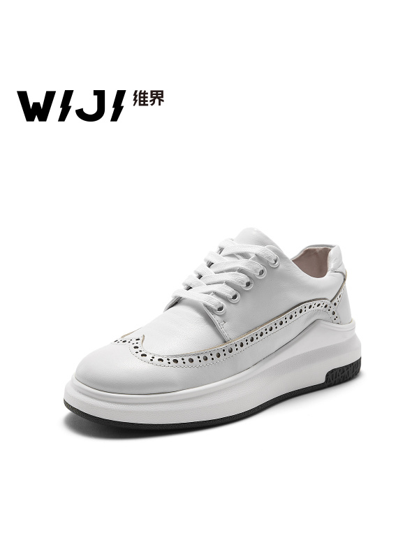 WIJI2018欧美春新款真皮中性厚底系带时尚运动休闲布洛克雕花女鞋