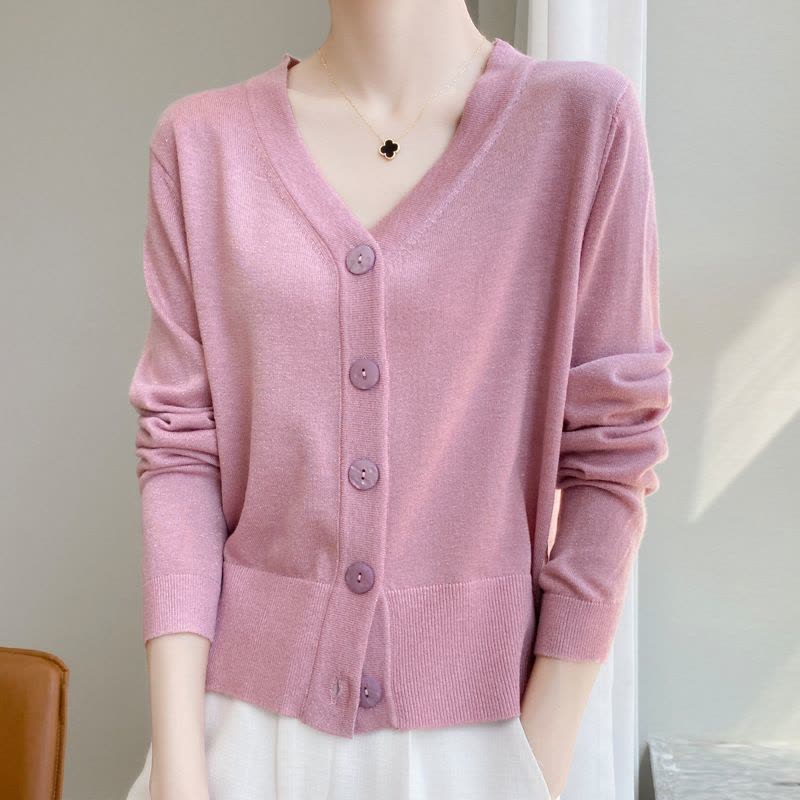 亮丝长袖针织开衫女短外套v领薄款毛衣春秋宽松百搭洋气上衣毛衫图片