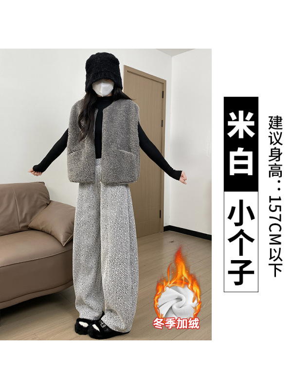 羊羔绒黑色毛呢卫裤女冬新款加绒保暖棉裤胖mm大码加厚阔腿裤
