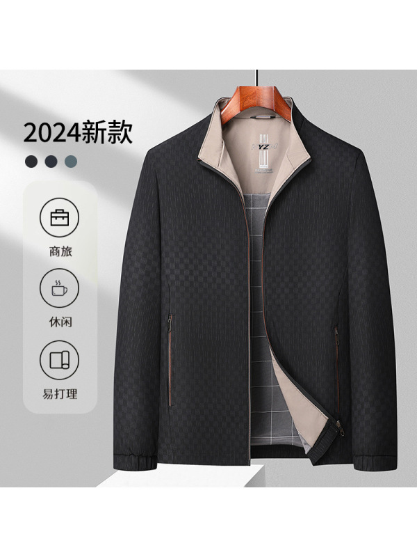 外套男秋季新款商务休闲棒球领夹克中年立领拉链格子男士夹克