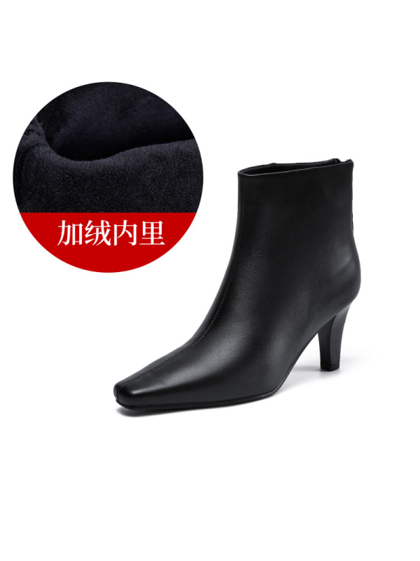 真皮女鞋2026秋冬新款加绒小方头细跟显瘦增高短靴通勤踝靴时装靴