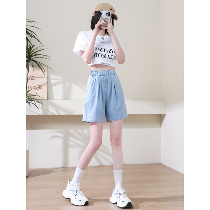 天丝牛仔短裤女2025新款夏季薄款高腰宽松阔腿松紧腰冰丝五分中裤