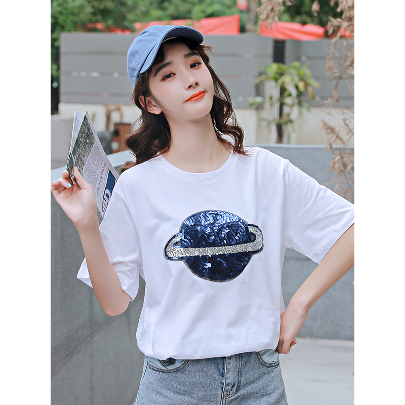 如熙 超火网红t恤女短袖ins早春港风亮片宽松中长款上衣潮